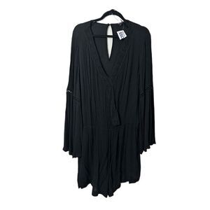 NWT Ambiance Romper Womens Size 3X Black Boho Long Sleeve V Neck Lace Trim
